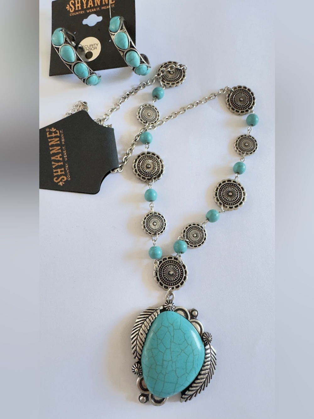 13”adjustable Shyanne Turquoise Pendant Necklace and Earring Set -Silver Accents